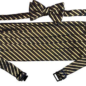 Robert Talbott Protocol Tuxedo Set BowTie/Cummerbund Black Yellow Stripe Sz All